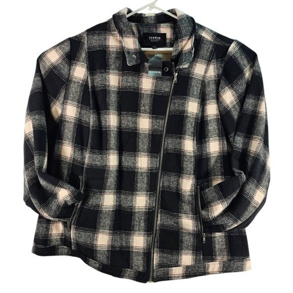New Torrid Womens Moto Jacket Flannel Black & Pink Plus Sz 6X Stretch Wool Blend